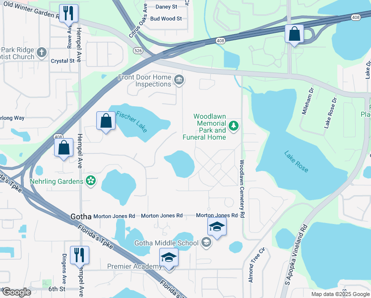 map of restaurants, bars, coffee shops, grocery stores, and more near 2000 Carolina Avenue in Gotha