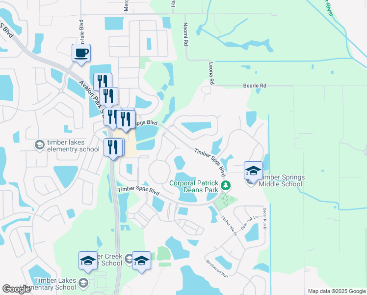 map of restaurants, bars, coffee shops, grocery stores, and more near 402 River Song Court in Orlando