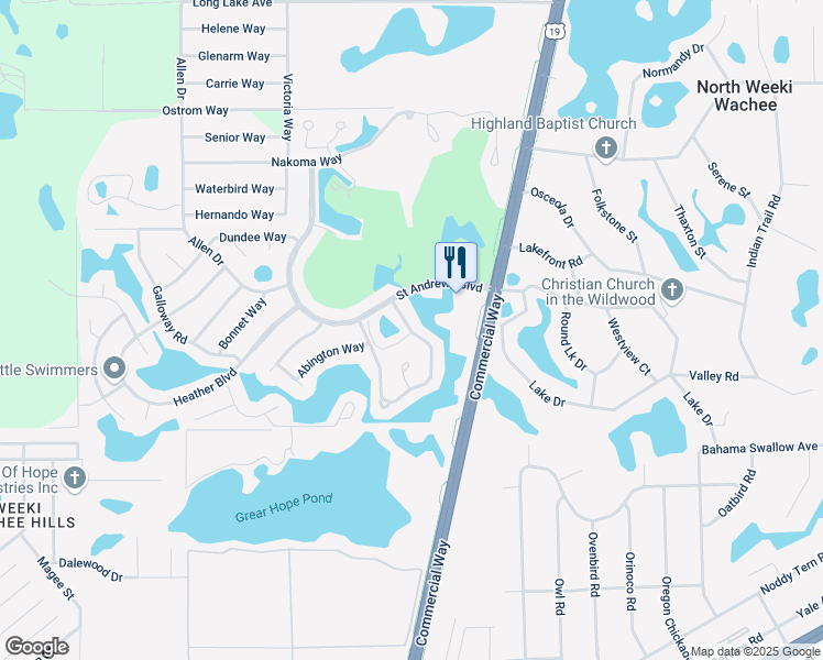 map of restaurants, bars, coffee shops, grocery stores, and more near 7548 Heather Walk Drive in Brooksville