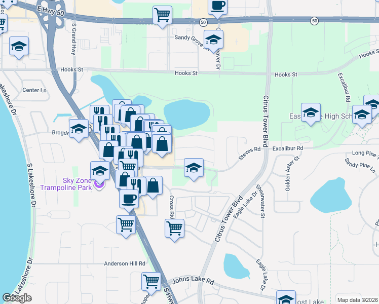 map of restaurants, bars, coffee shops, grocery stores, and more near 1420 Cabot Drive in Clermont