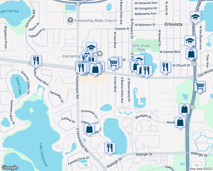 map of restaurants, bars, coffee shops, grocery stores, and more near 311 South Lancelot Avenue in Orlando
