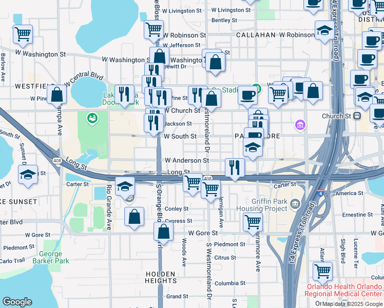 map of restaurants, bars, coffee shops, grocery stores, and more near 1034 Colyer Street in Orlando