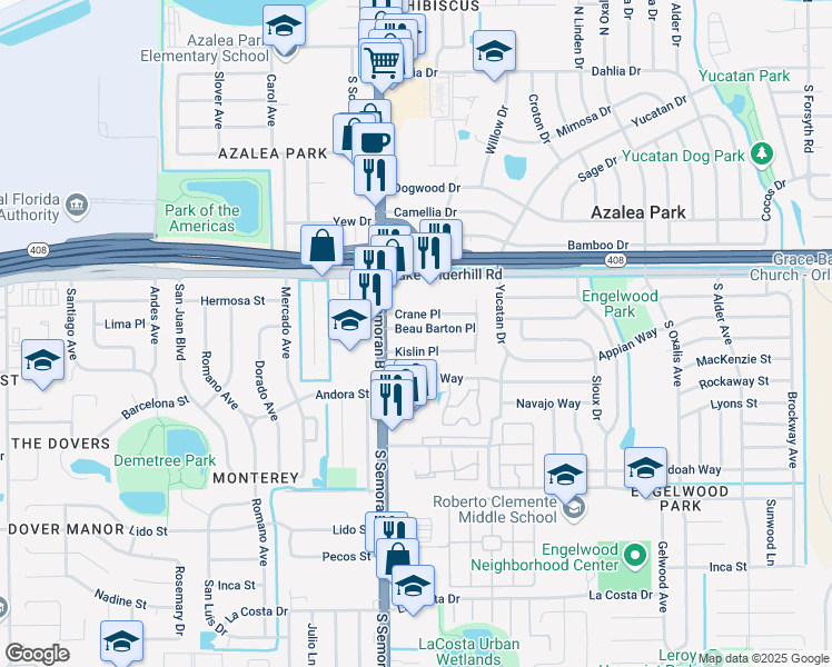map of restaurants, bars, coffee shops, grocery stores, and more near 5750 Crane Place in Orlando