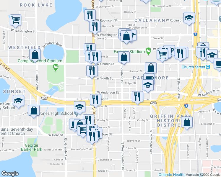 map of restaurants, bars, coffee shops, grocery stores, and more near 1034 Colyer Street in Orlando