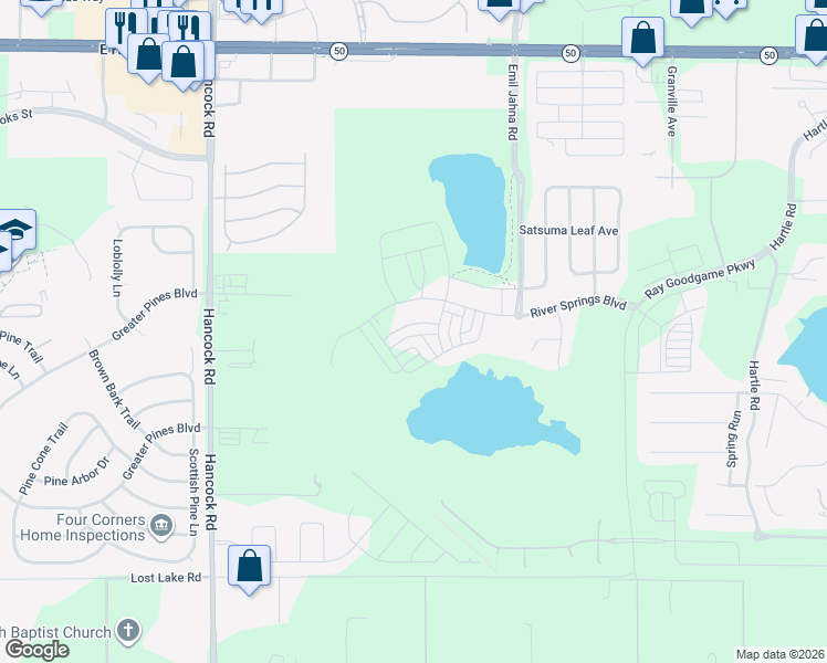 map of restaurants, bars, coffee shops, grocery stores, and more near Valencia Blossom Street in Clermont