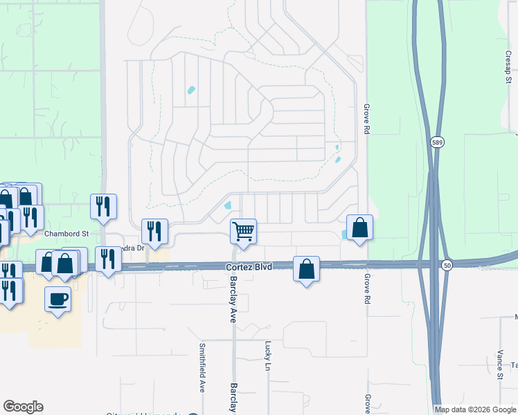 map of restaurants, bars, coffee shops, grocery stores, and more near 7362 Brookridge Central Boulevard in Brooksville