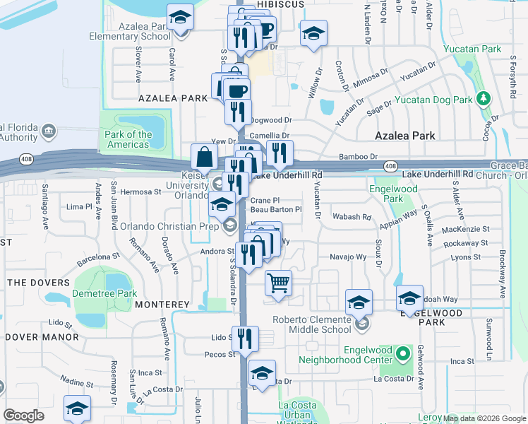 map of restaurants, bars, coffee shops, grocery stores, and more near 5750 Crane Place in Orlando