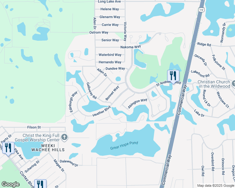 map of restaurants, bars, coffee shops, grocery stores, and more near 9041 Heather Boulevard in Brooksville