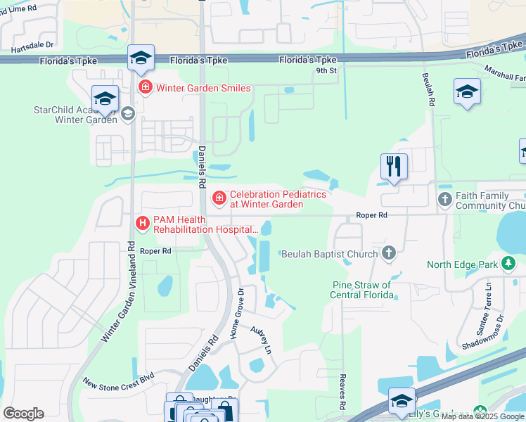 map of restaurants, bars, coffee shops, grocery stores, and more near 301 Country Cottage Lane in Winter Garden