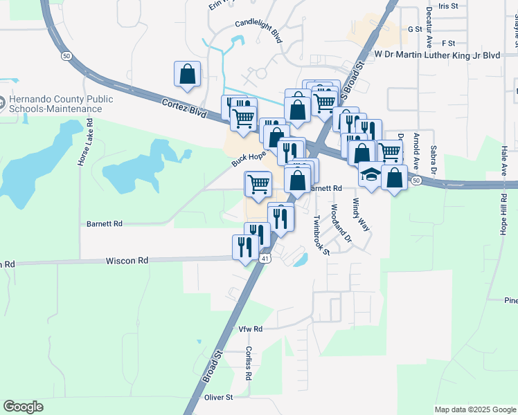 map of restaurants, bars, coffee shops, grocery stores, and more near 19400 Barnett Road in Brooksville