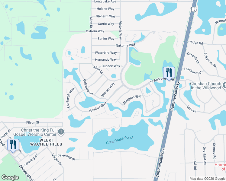 map of restaurants, bars, coffee shops, grocery stores, and more near 9041 Heather Boulevard in Weeki Wachee