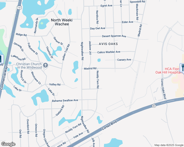 map of restaurants, bars, coffee shops, grocery stores, and more near 7174 Madrid Road in Spring Hill