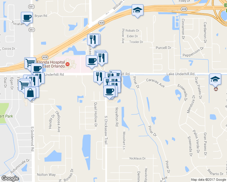 map of restaurants, bars, coffee shops, grocery stores, and more near 413 South Chickasaw Trail in Orlando