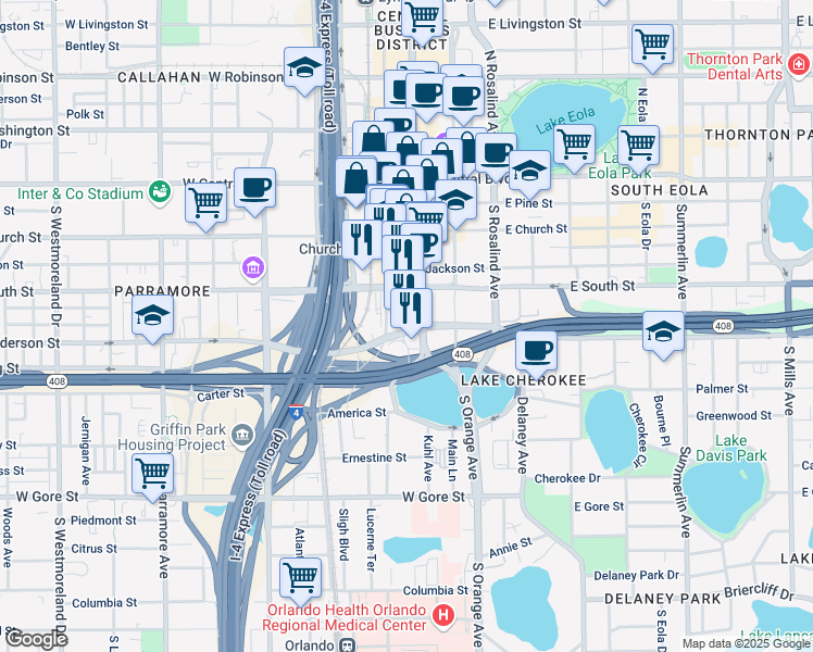 map of restaurants, bars, coffee shops, grocery stores, and more near 450 South Orange Avenue in Orlando