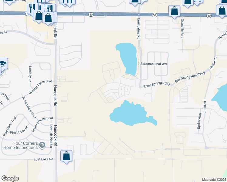 map of restaurants, bars, coffee shops, grocery stores, and more near Valencia Blossom Street in Clermont
