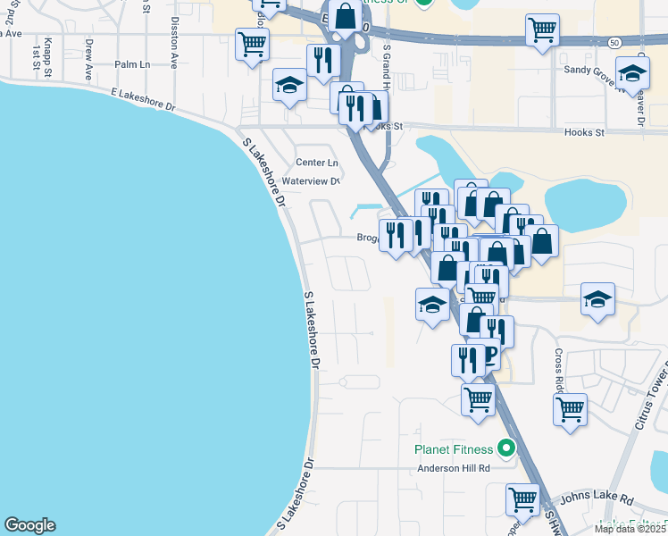 map of restaurants, bars, coffee shops, grocery stores, and more near 2401 Lakeview Avenue in Clermont