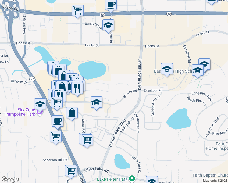 map of restaurants, bars, coffee shops, grocery stores, and more near 2478 Linkwood Avenue in Clermont