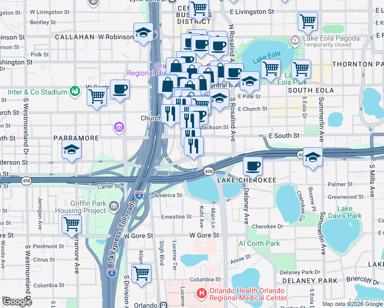 map of restaurants, bars, coffee shops, grocery stores, and more near 400 South Orange Avenue in Orlando