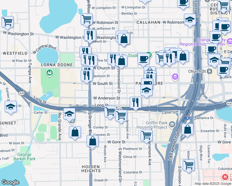 map of restaurants, bars, coffee shops, grocery stores, and more near 918 Colyer Street in Orlando