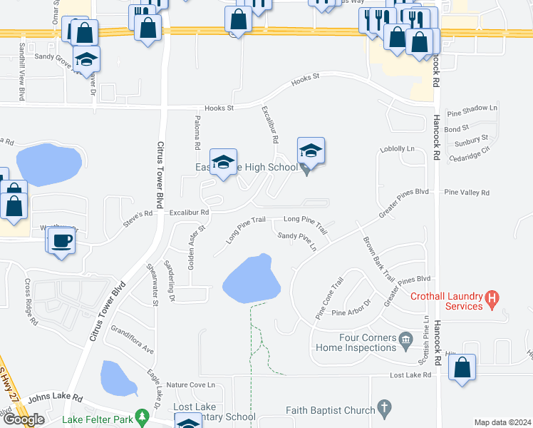 map of restaurants, bars, coffee shops, grocery stores, and more near 13156 Long Pine Trail in Clermont