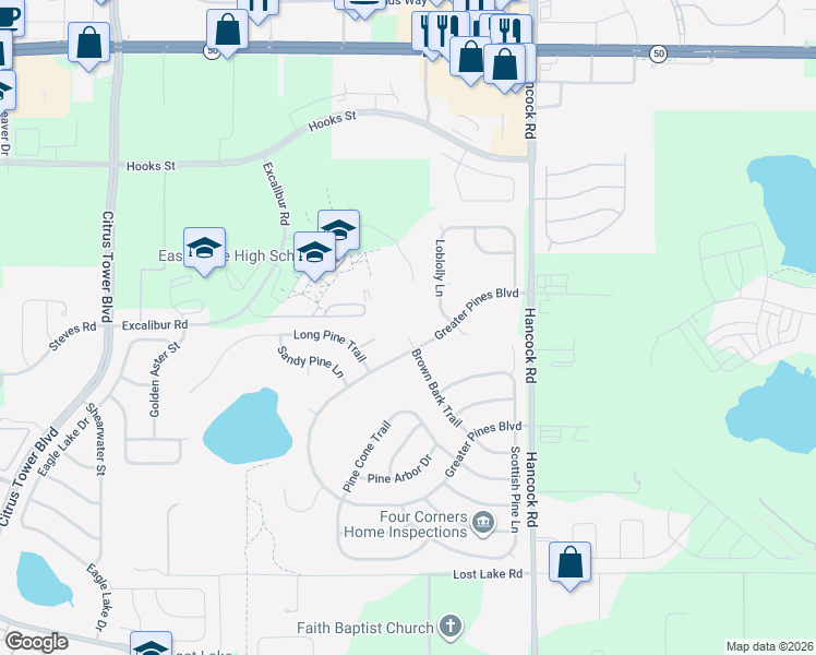 map of restaurants, bars, coffee shops, grocery stores, and more near 13044 Pine Sap Court in Clermont