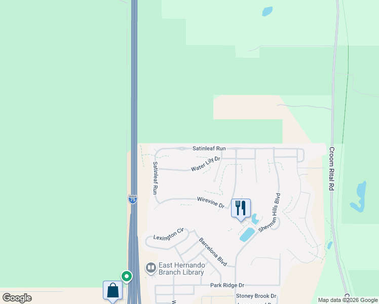 map of restaurants, bars, coffee shops, grocery stores, and more near 30847 Satinleaf Run in Brooksville