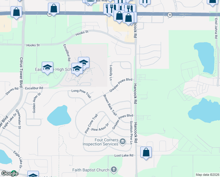 map of restaurants, bars, coffee shops, grocery stores, and more near 13506 Loblolly Lane in Clermont
