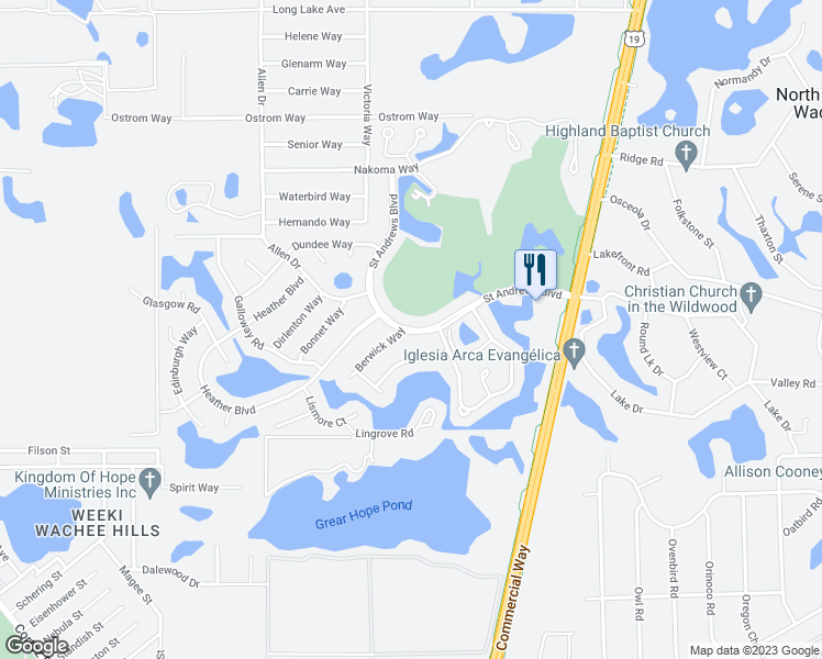 map of restaurants, bars, coffee shops, grocery stores, and more near 7600 Saint Andrews Boulevard in Brooksville