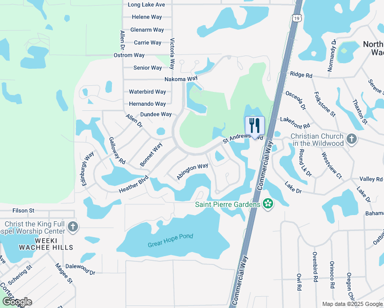 map of restaurants, bars, coffee shops, grocery stores, and more near 7604 Saint Andrews Boulevard in Brooksville