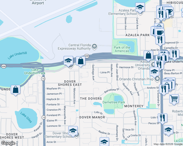 map of restaurants, bars, coffee shops, grocery stores, and more near 450 Santiago Avenue in Orlando