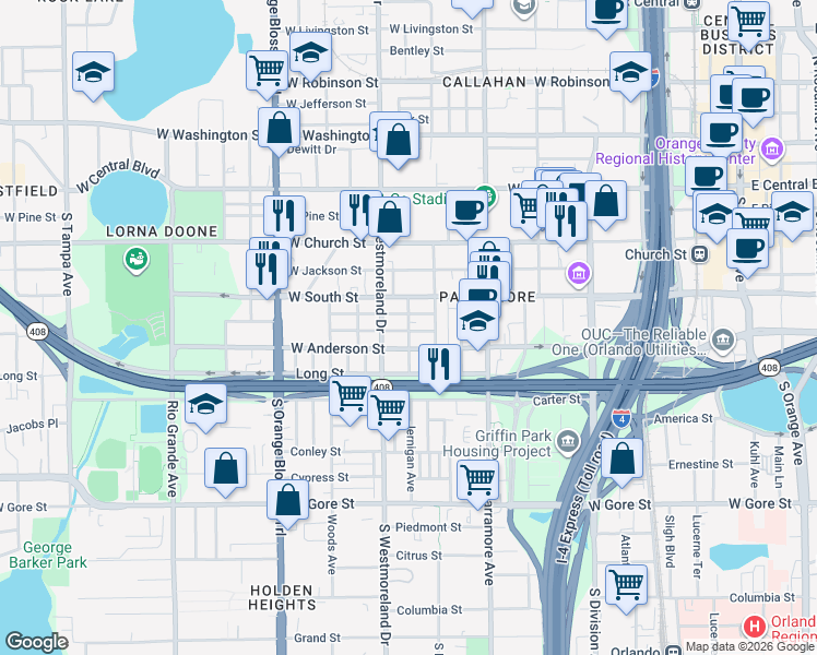 map of restaurants, bars, coffee shops, grocery stores, and more near 808 Colyer Street in Orlando
