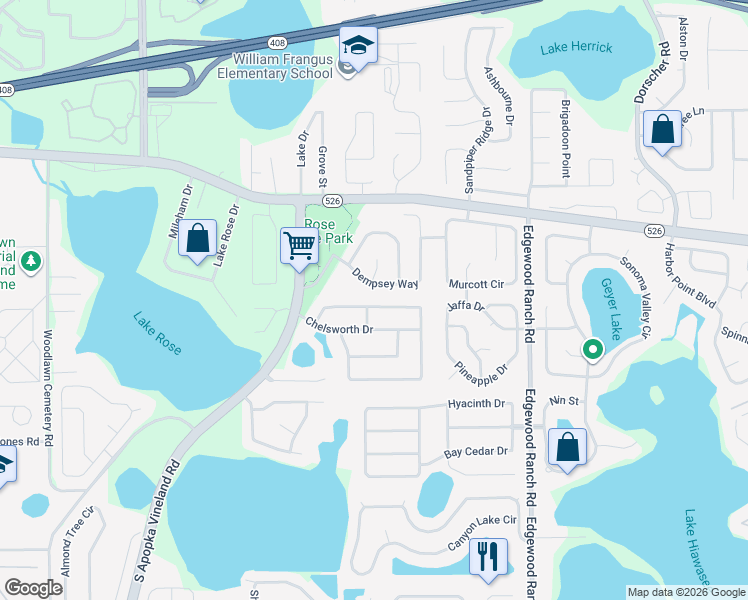 map of restaurants, bars, coffee shops, grocery stores, and more near 329 Dempsey Way in Orlando