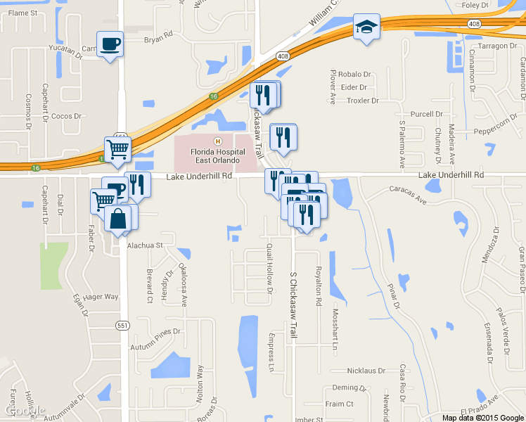 map of restaurants, bars, coffee shops, grocery stores, and more near 500 Owl Circle in Orlando
