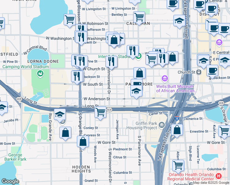 map of restaurants, bars, coffee shops, grocery stores, and more near 918 Colyer Street in Orlando