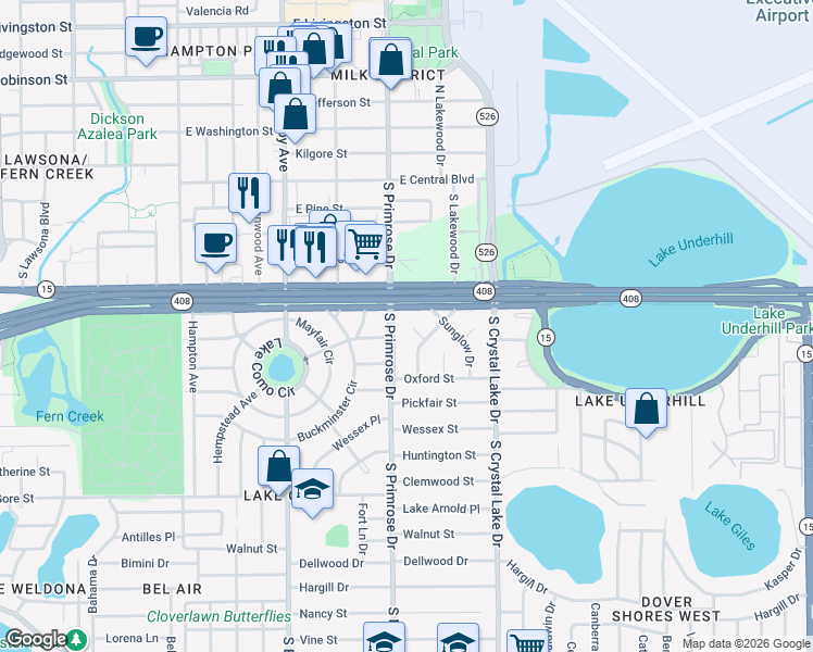 map of restaurants, bars, coffee shops, grocery stores, and more near 439 Sunrise Court in Orlando
