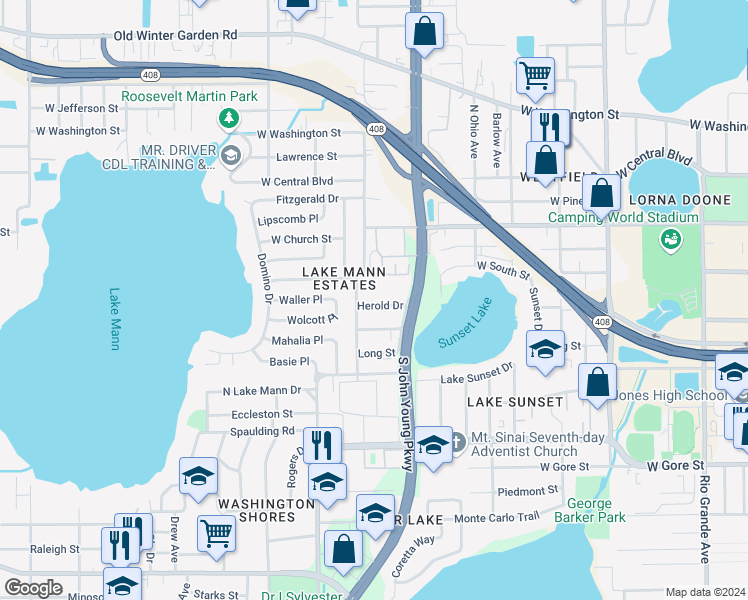 map of restaurants, bars, coffee shops, grocery stores, and more near 3031 Herold Drive in Orlando