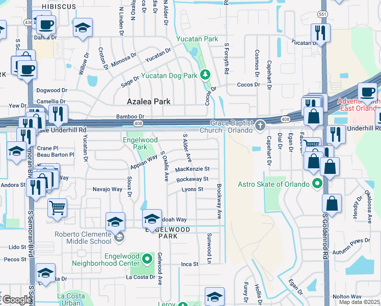 map of restaurants, bars, coffee shops, grocery stores, and more near 501 South Alder Avenue in Orlando