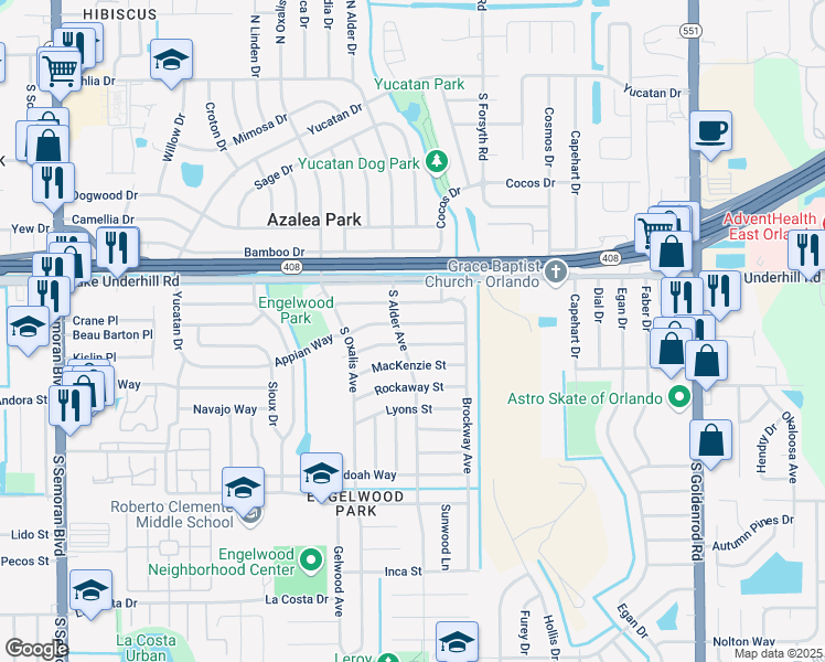 map of restaurants, bars, coffee shops, grocery stores, and more near 501 South Alder Avenue in Orlando