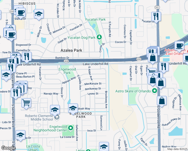 map of restaurants, bars, coffee shops, grocery stores, and more near 501 South Alder Avenue in Orlando