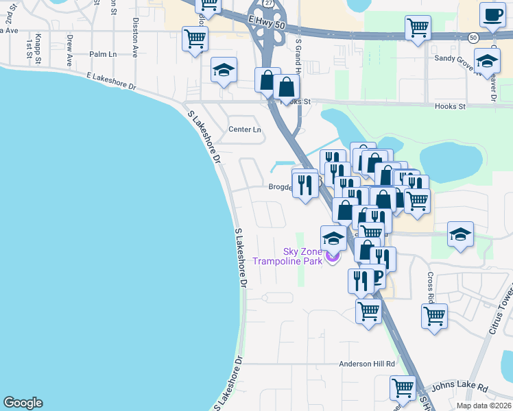 map of restaurants, bars, coffee shops, grocery stores, and more near 2401 Lakeview Avenue in Clermont