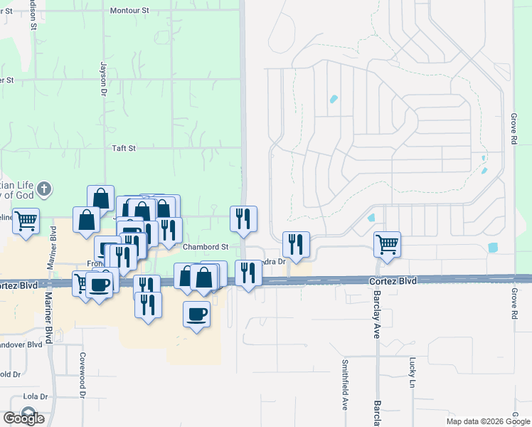 map of restaurants, bars, coffee shops, grocery stores, and more near 14294 Brookridge Boulevard in Brooksville