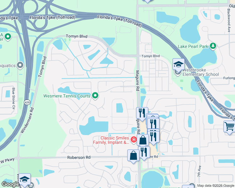 map of restaurants, bars, coffee shops, grocery stores, and more near 12 Heather Green Court in Ocoee