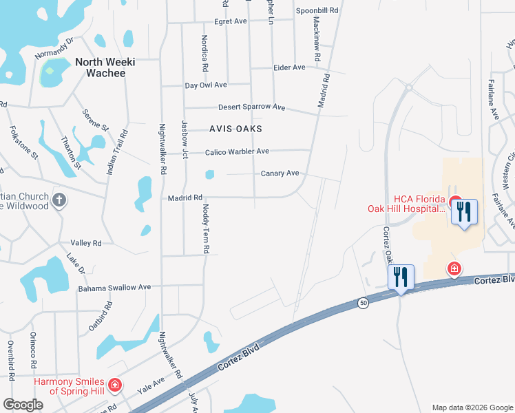 map of restaurants, bars, coffee shops, grocery stores, and more near 7314 Madrid Road in Spring Hill