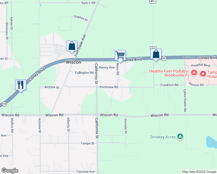 map of restaurants, bars, coffee shops, grocery stores, and more near 16323 Pointview Road in Brooksville
