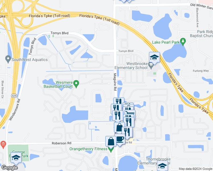 map of restaurants, bars, coffee shops, grocery stores, and more near 17 Moor Green Court in Ocoee