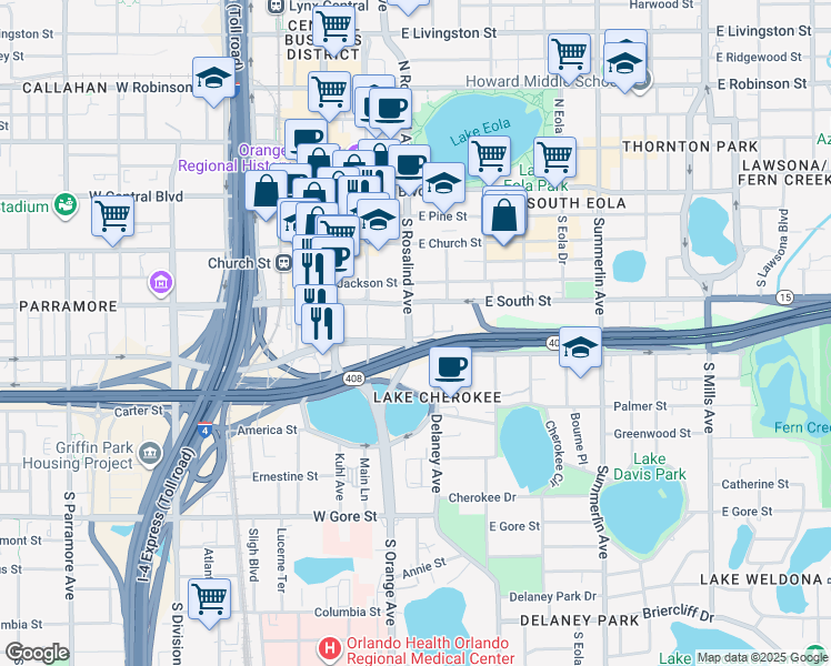 map of restaurants, bars, coffee shops, grocery stores, and more near 204 East South Street in Orlando