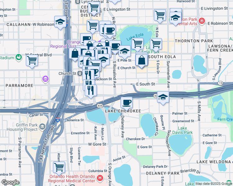 map of restaurants, bars, coffee shops, grocery stores, and more near 204 East South Street in Orlando