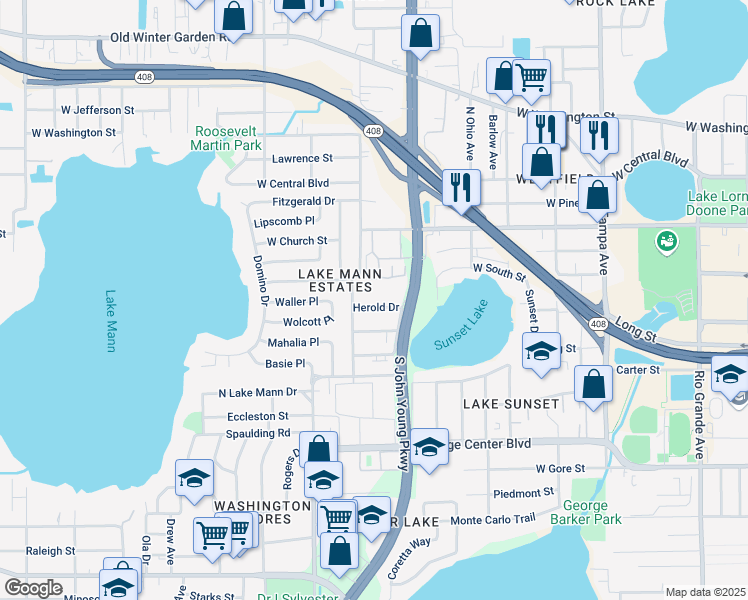 map of restaurants, bars, coffee shops, grocery stores, and more near 3023 Herold Drive in Orlando