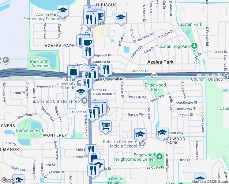 map of restaurants, bars, coffee shops, grocery stores, and more near 5830 Crane Place in Orlando