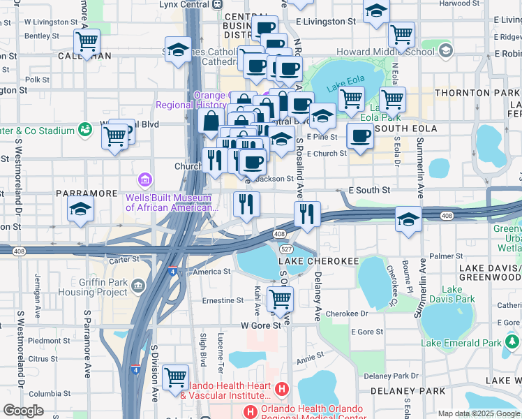 map of restaurants, bars, coffee shops, grocery stores, and more near 455 South Orange Avenue in Orlando